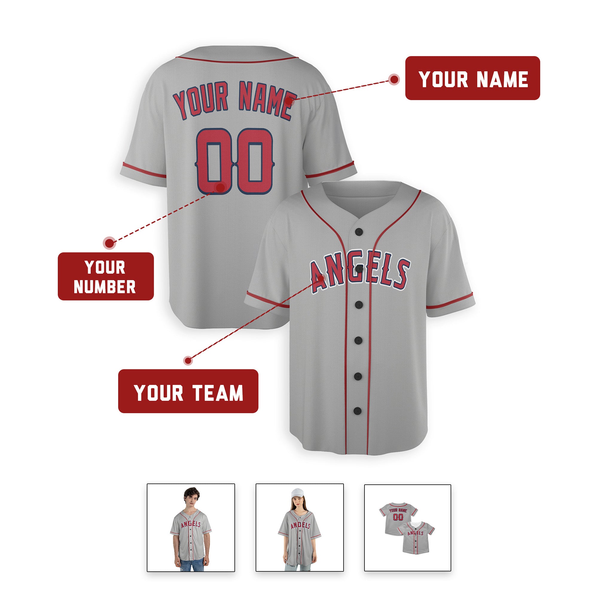 Personalized Los Angeles Inspired Alternate Style Jersey - Gray Red