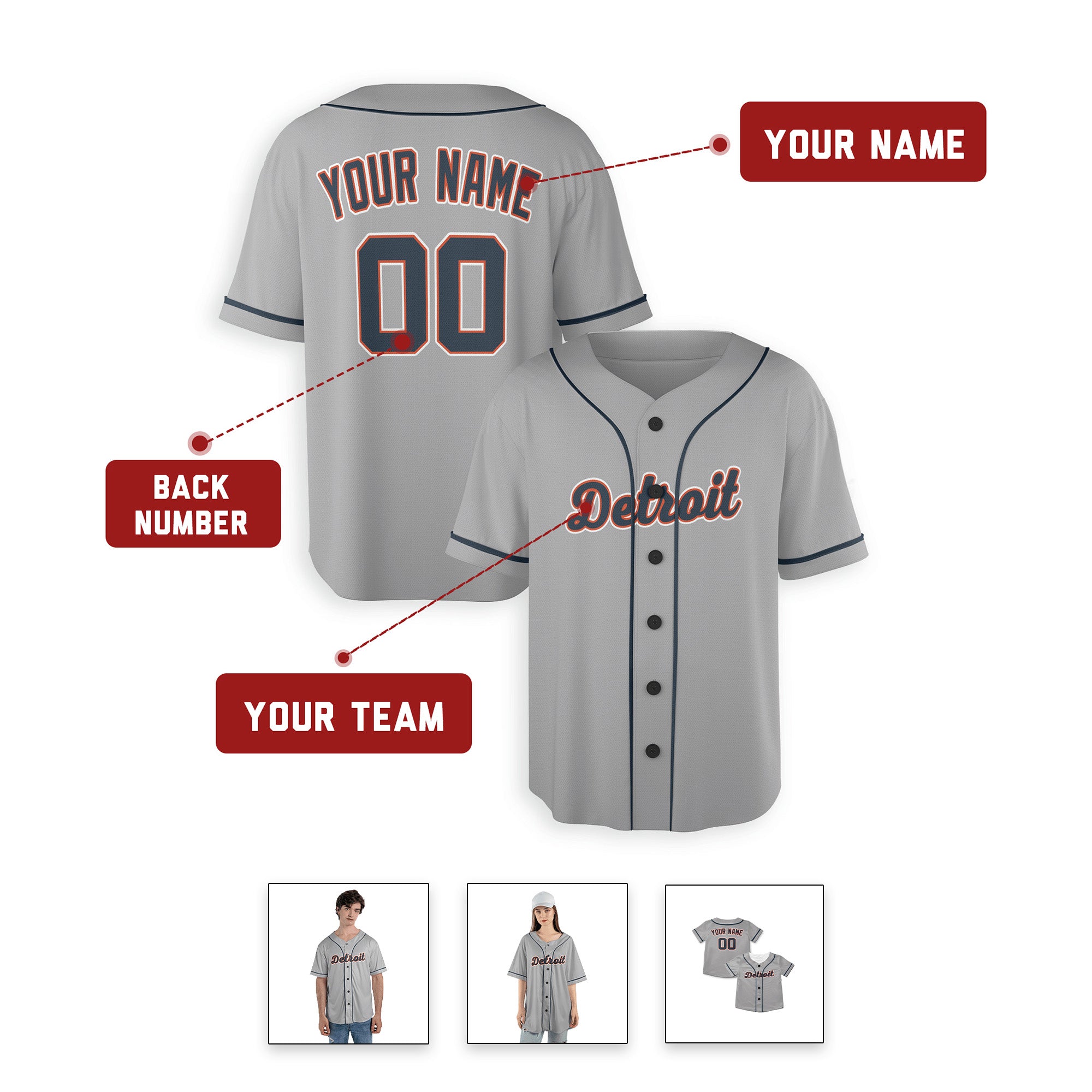 Personalized Detroit Tigers Inspired Alternate Style Jersey - Gray