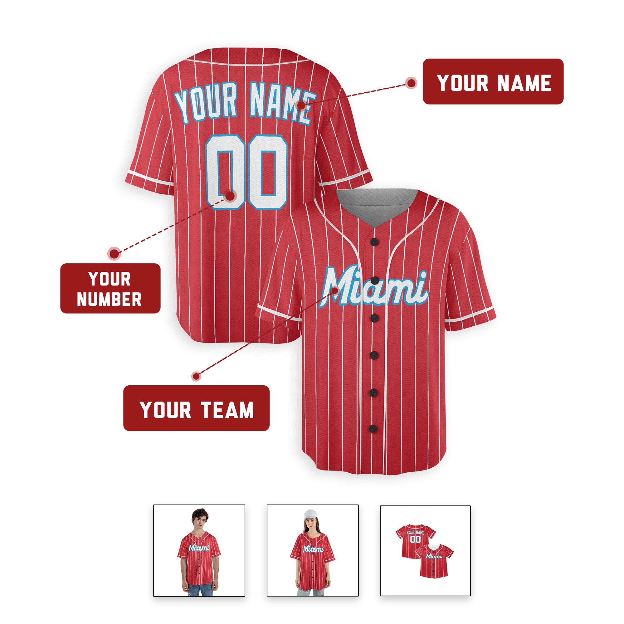 Personalized Miami Marlins Inspired Alternate Style Jersey - Red