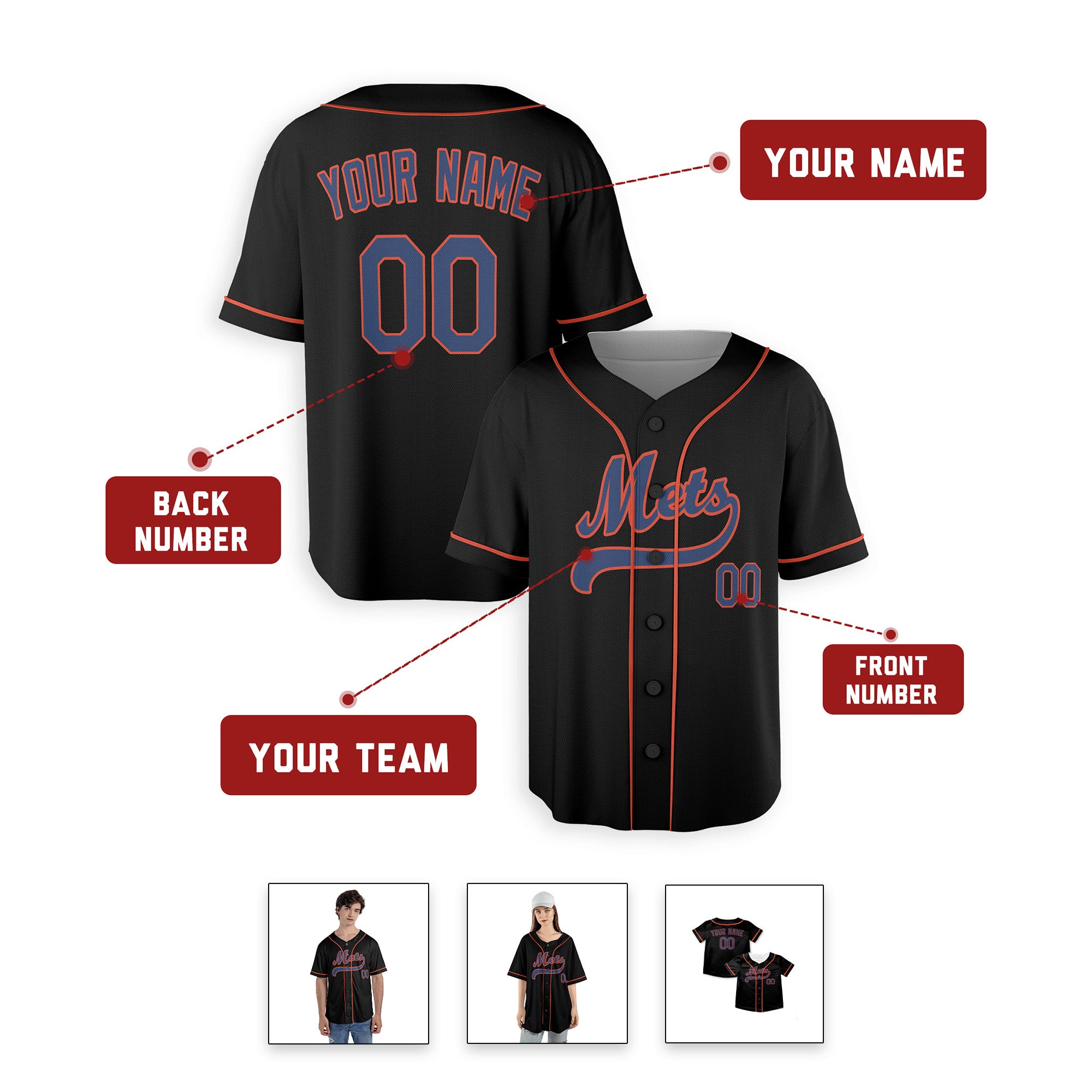 Personalized New Υork Mets Inspired Alternate Style Jersey - Black with Team Name & Number for Men, Women, Youth, Kids - Piping / No Piping Options
